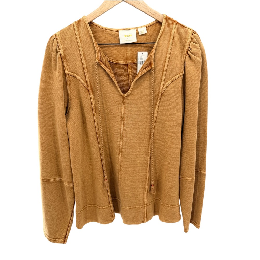 Maeve Anthropologie Jeanne Puff Sleeve Sweatshirt L NWT Gold Boho Western Tassel